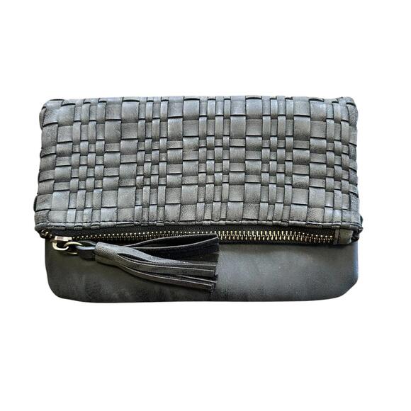 Madison West Dark Gray Vegan Leather Crosshatch Front Zipper Clutch Large Wallet - Picture 1 of 7